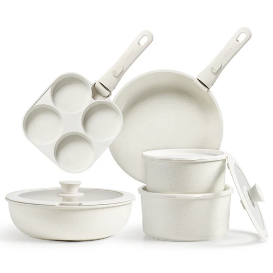 CAROTE 11pcs Detachable Handle Pots and Pans Set, Nonstick Cookware Sets , Oven Safe - Cream White
